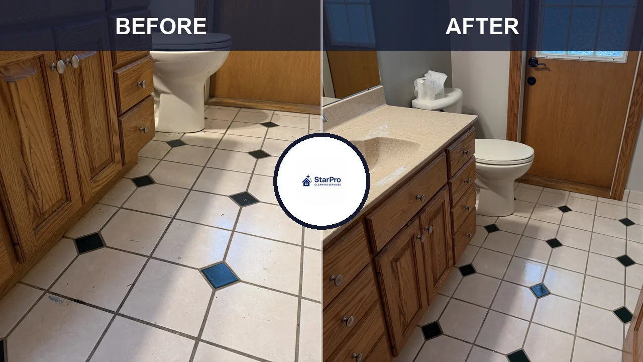 Real Star Pro deep clean: heavily soiled bathroom tile floor before, tile and grout restored after