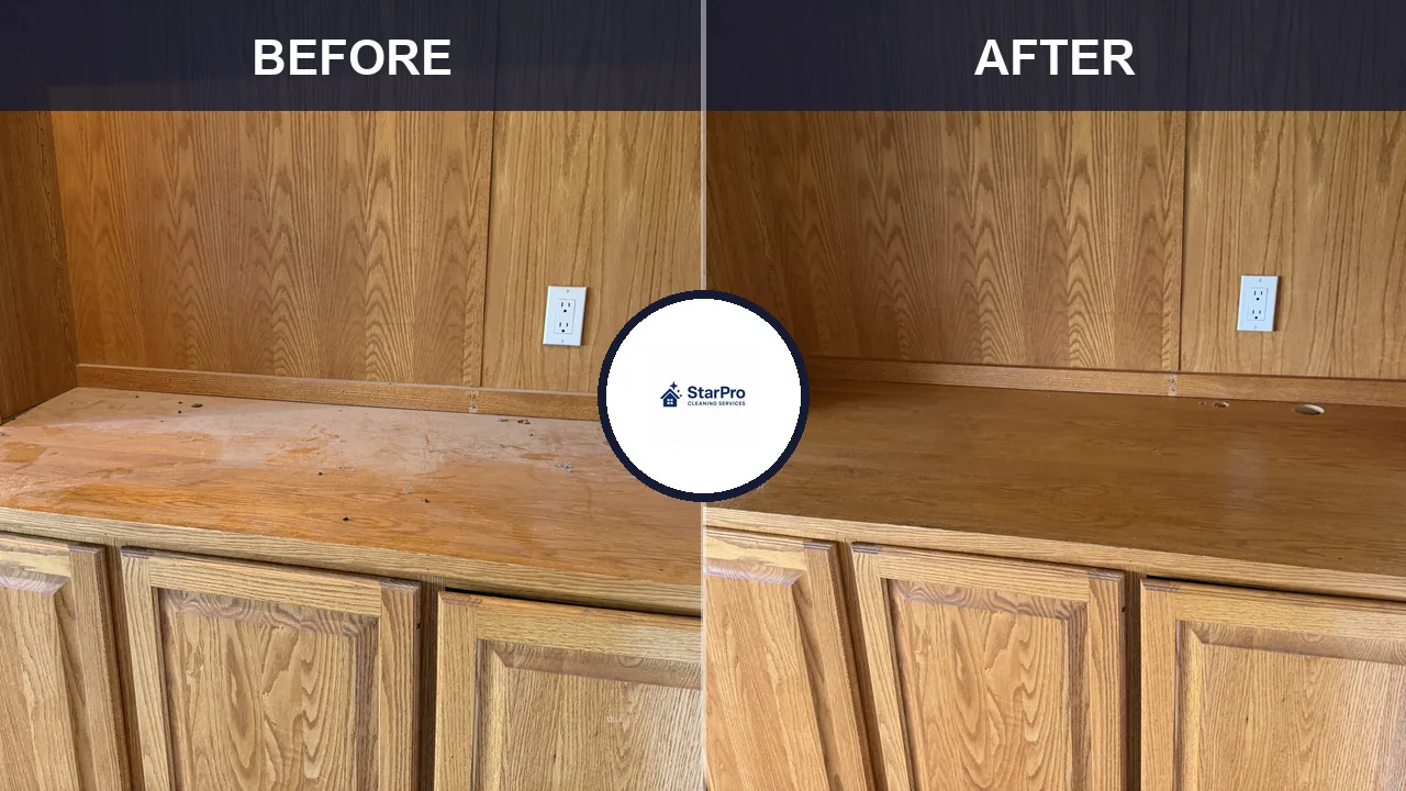 Real Star Pro Ultimate Deep Clean: built-in cabinet interior dusty and cluttered before, wiped and reset after