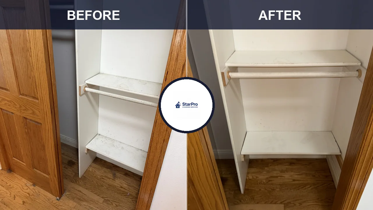 Real Star Pro Ultimate Deep Clean: pantry cabinet interior cluttered before, wiped and organized after