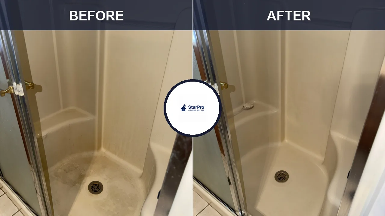 Real Star Pro deep clean: shower stall clouded with hard-water buildup before, fully clear after