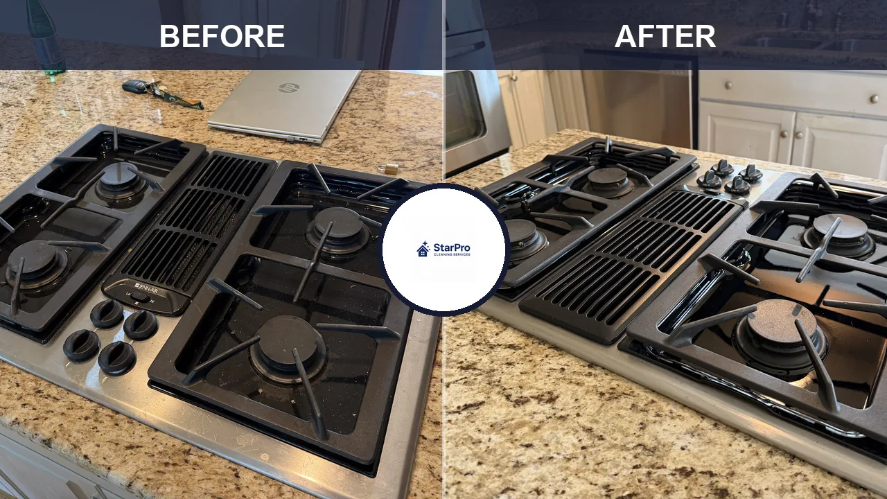 Real Star Pro deep clean: stovetop caked with cooked-on grease before, gleaming after a full detail
