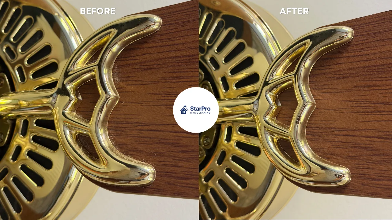 Real Star Pro deep clean: brass ceiling fan fitting dusty before, polished clean after