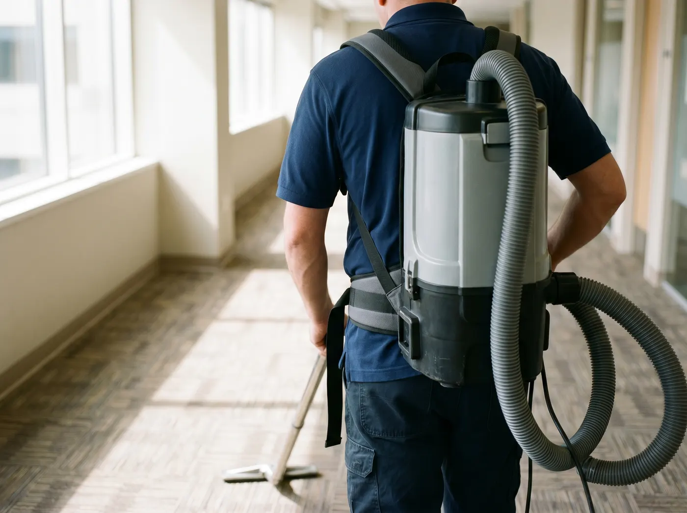 Commercial backpack vacuum in use in an office hallway