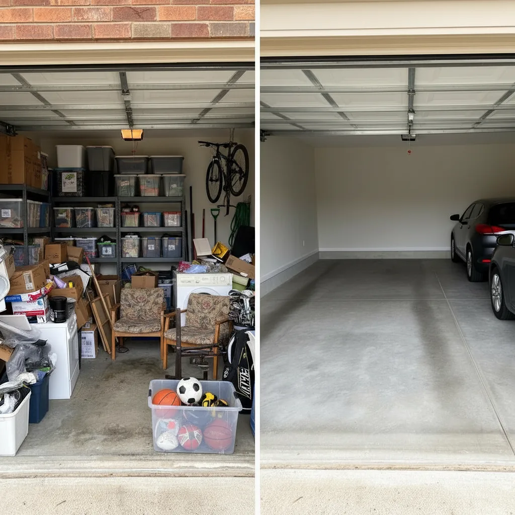 Garage before and after: stacked boxes cleared back to open parking space