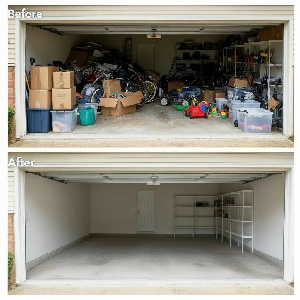 Garage before and after: family clutter hauled out and the floor swept clean