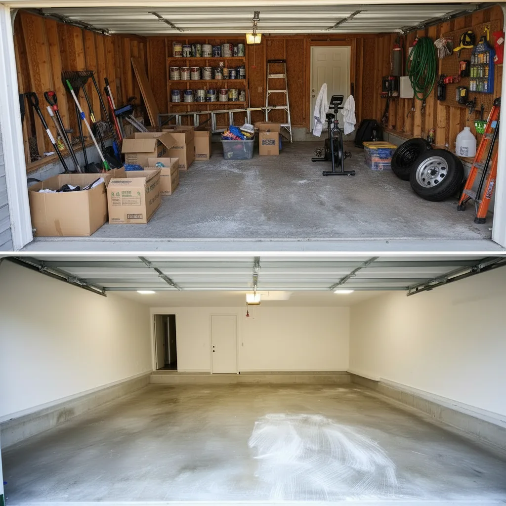 Garage before and after: workshop clutter cleared to a usable space
