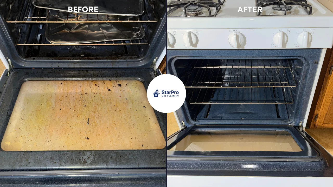 An oven interior with baked-on grease, and the same oven cleaned