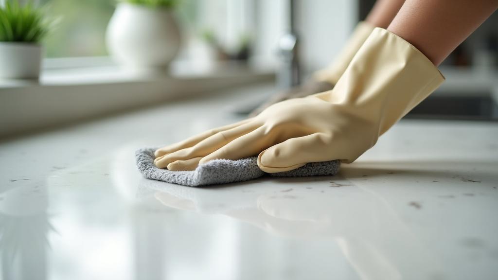 Close-up of professional detail cleaning with microfiber cloth on a countertop
