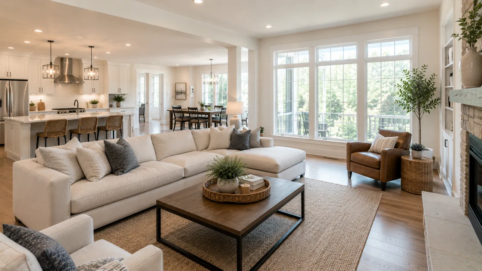 Bright, spacious living room in a larger single-family home with natural daylight and open layout