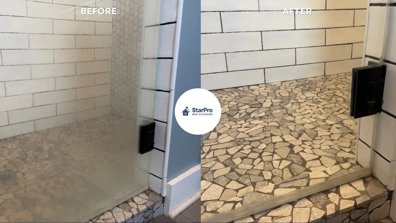 Shower glass and tile with film and buildup, and the same shower cleaned